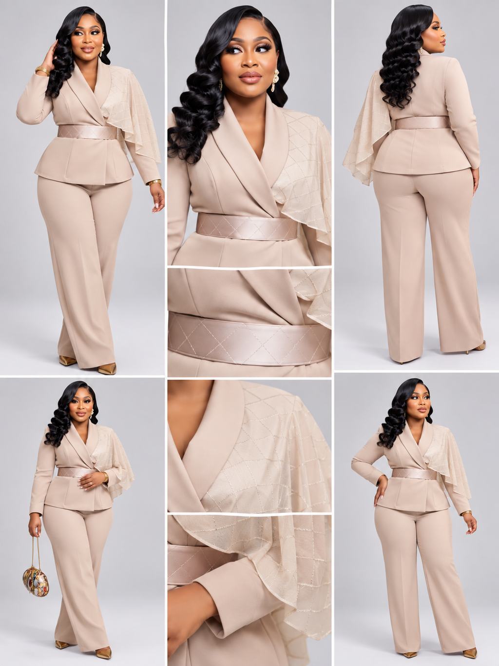 Tailleur Beige Foulard Ceinture Satinée