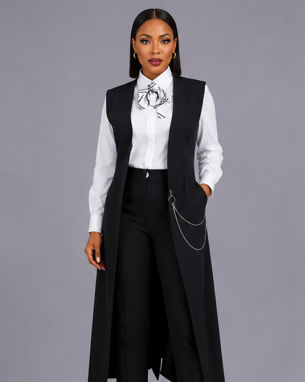 Tailleur Gilet Noir Chemise Blanche Noeud