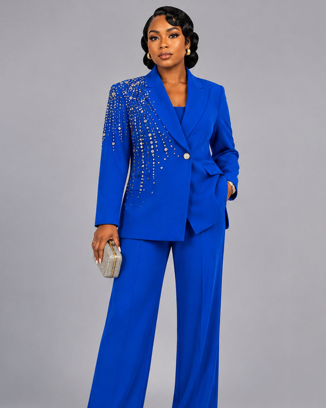 Tailleur Bleu Perles Strass