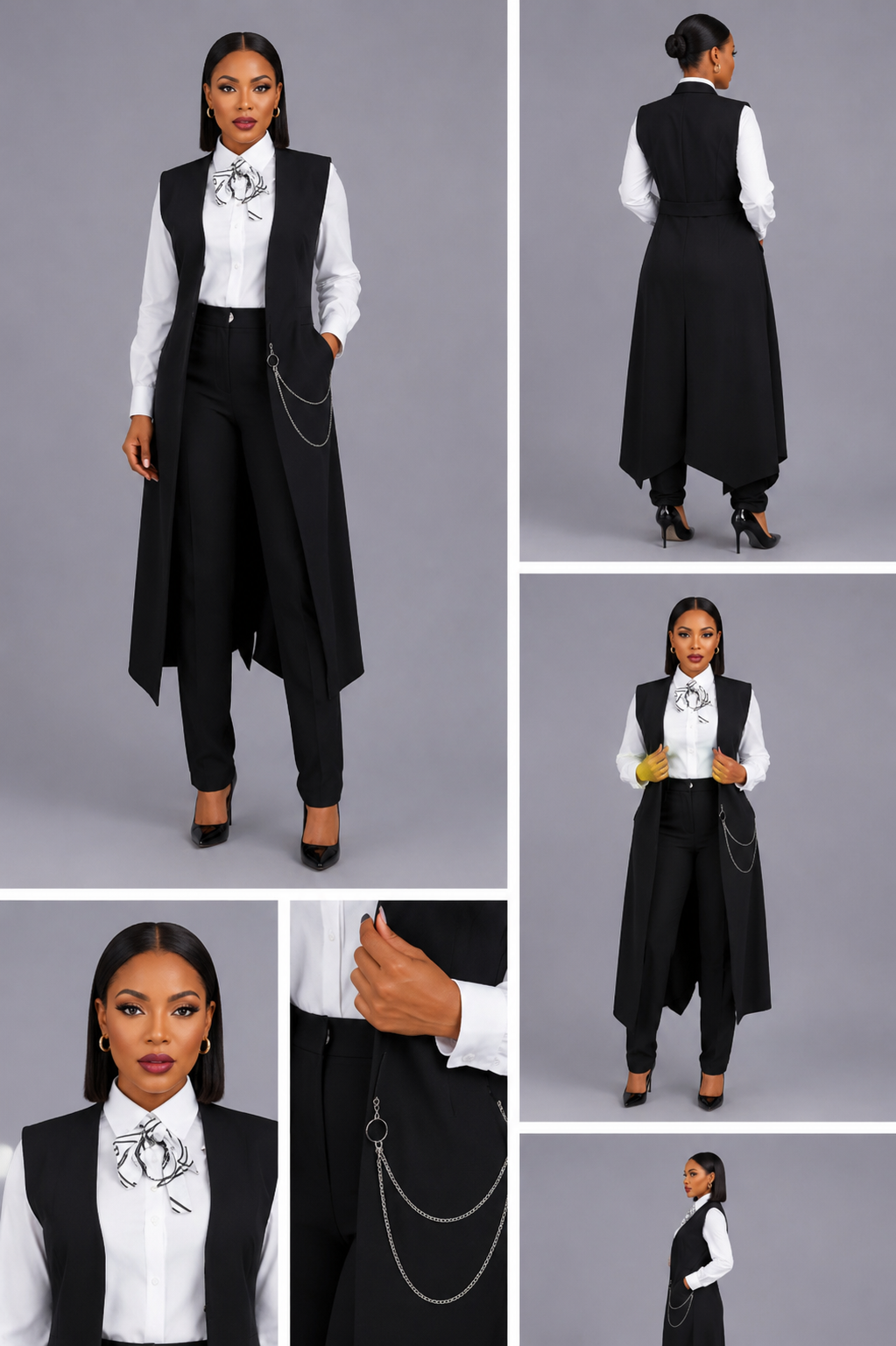Tailleur Gilet Noir Chemise Blanche Noeud