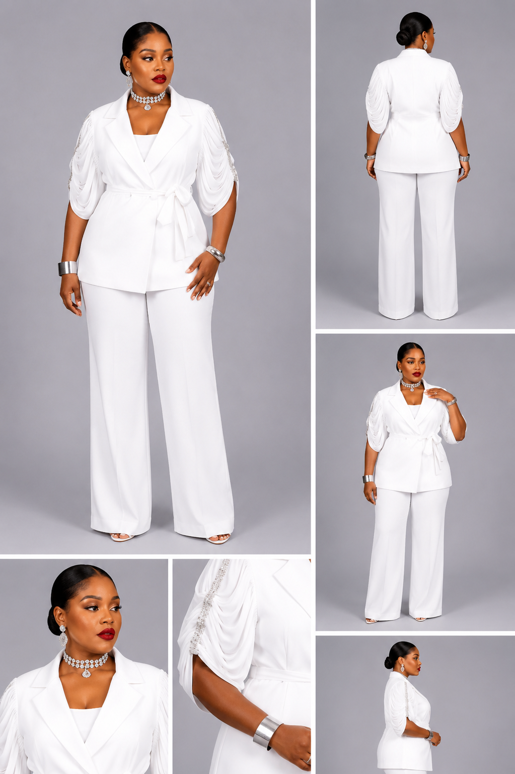 Tailleur Blanc Manche Portefeuille Broche Or