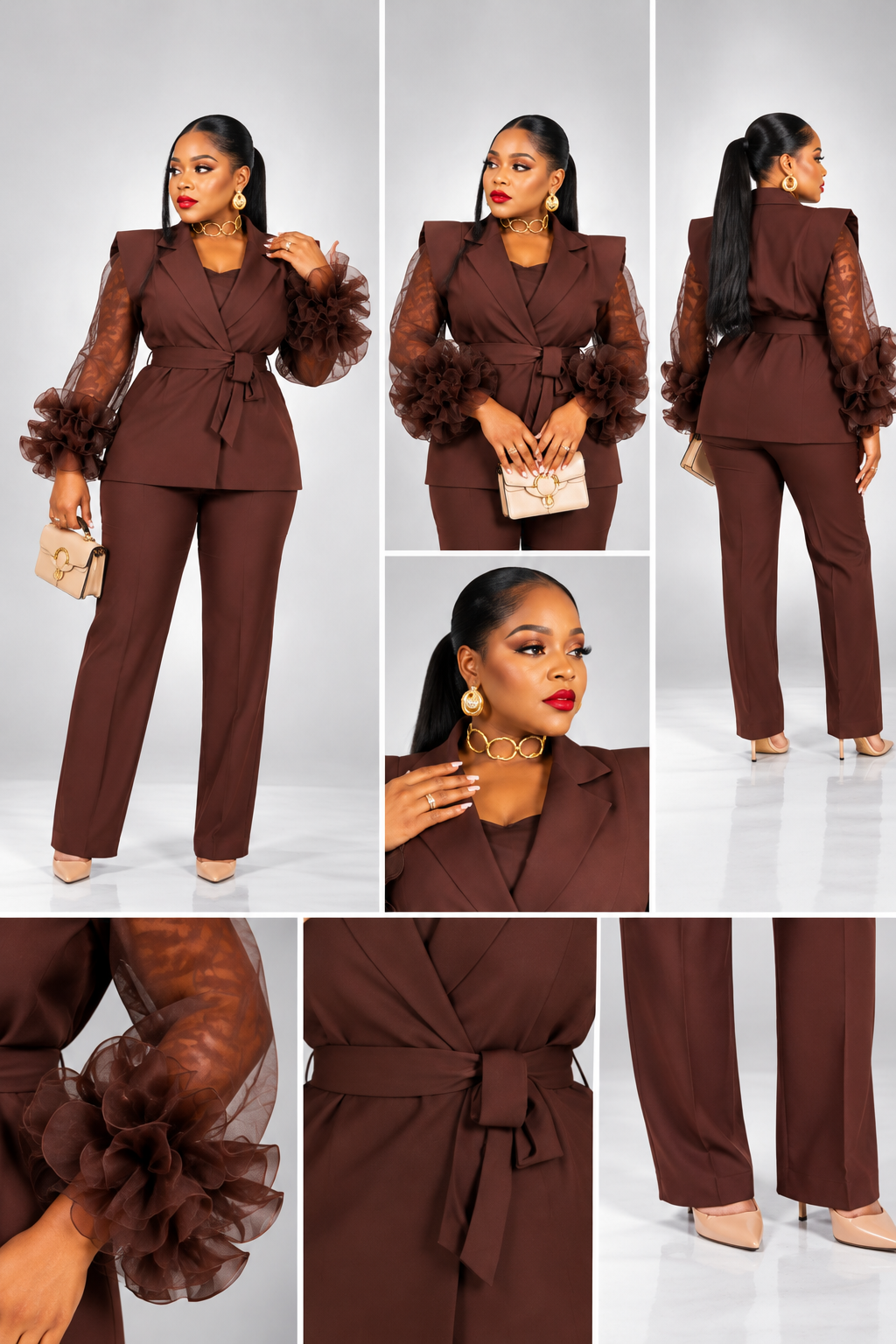 Kimono Marron Fleuri Tule Ceintré