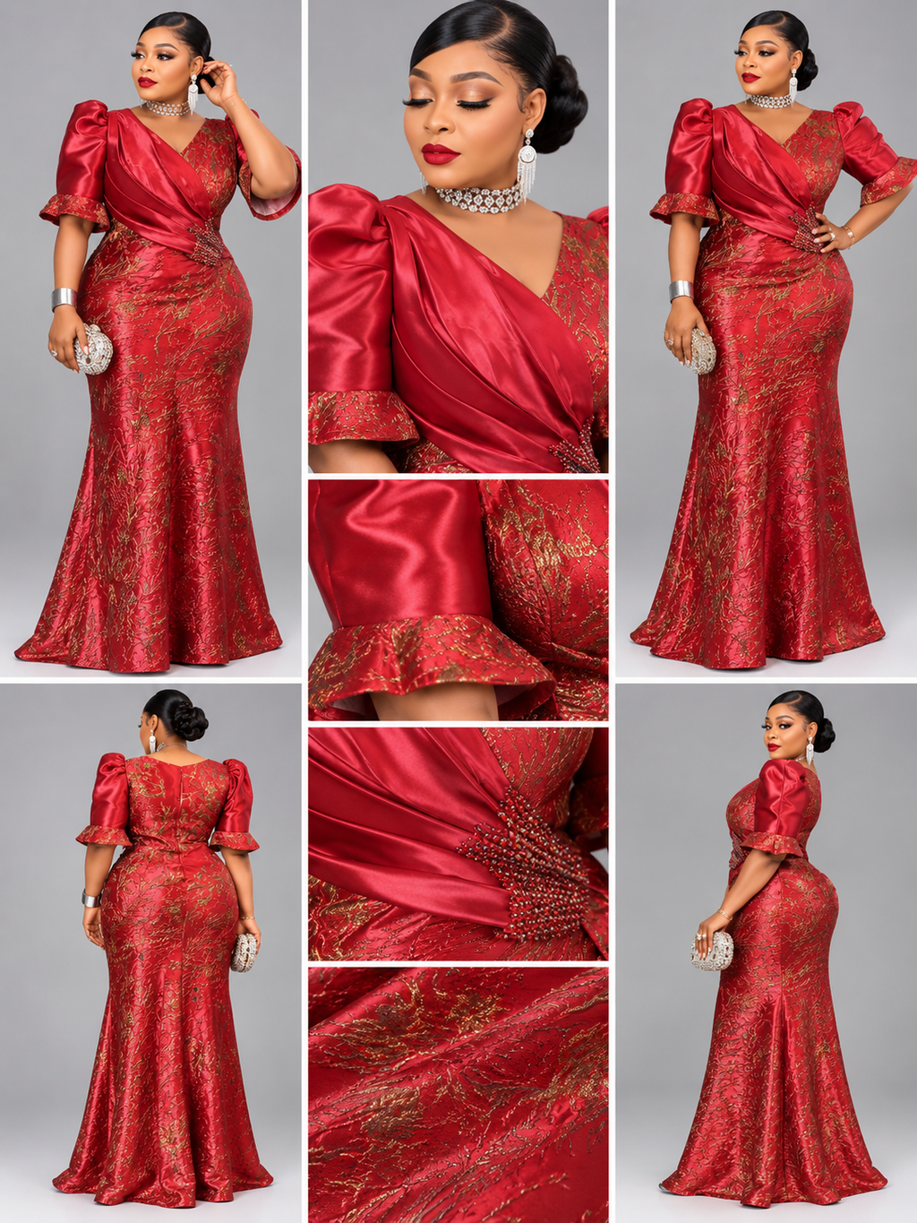 LGD Robe Satinée Jacquard Brodé Rouge Intense La Grande Dame