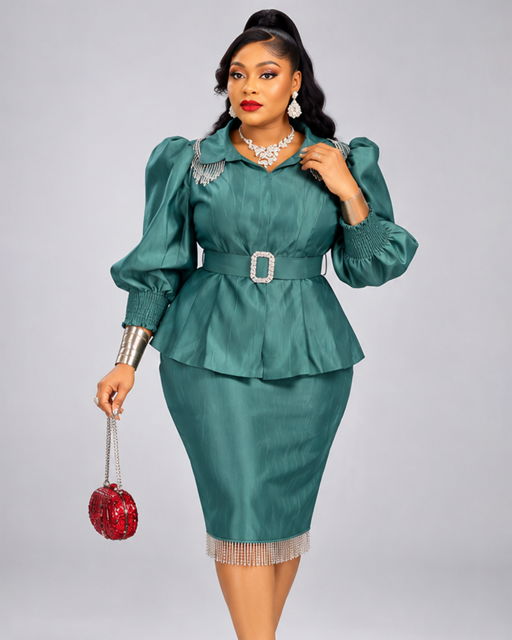 Ensemble Jupe Vert Satinée Ceinture
