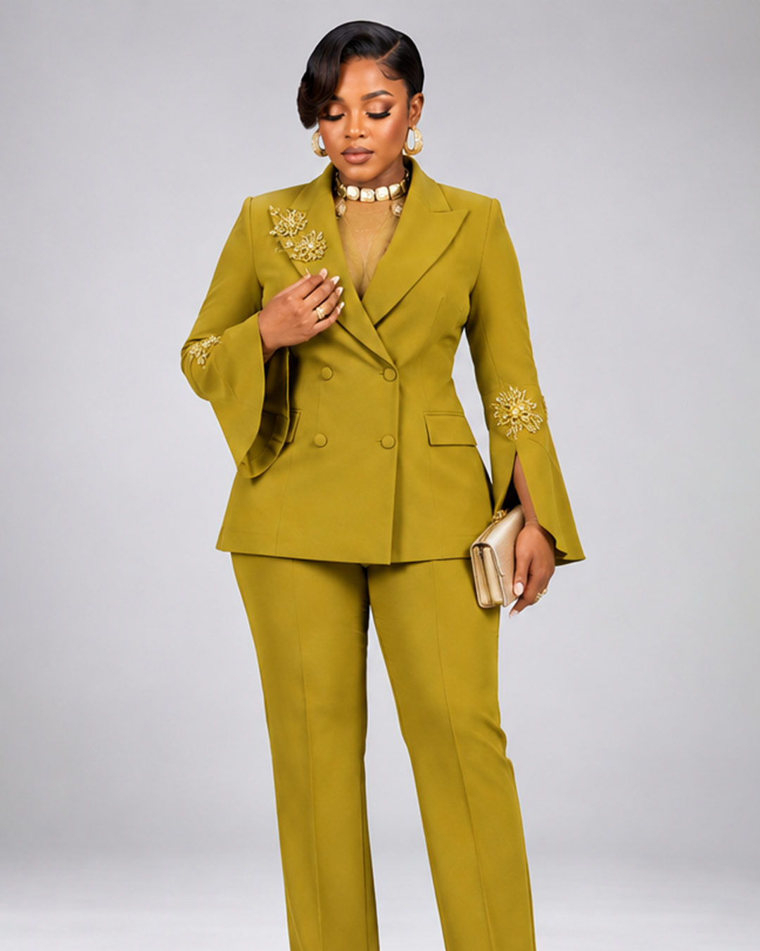 Tailleur Vert Olive Veste Haut Pantalon