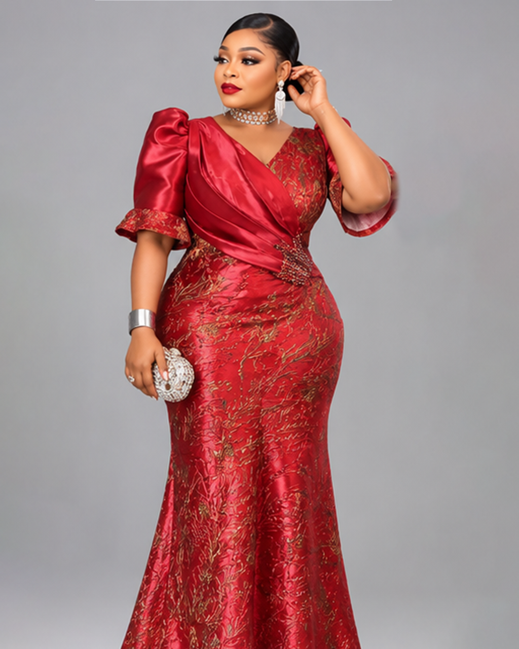 LGD Robe Satinée Jacquard Brodé Rouge Intense La Grande Dame