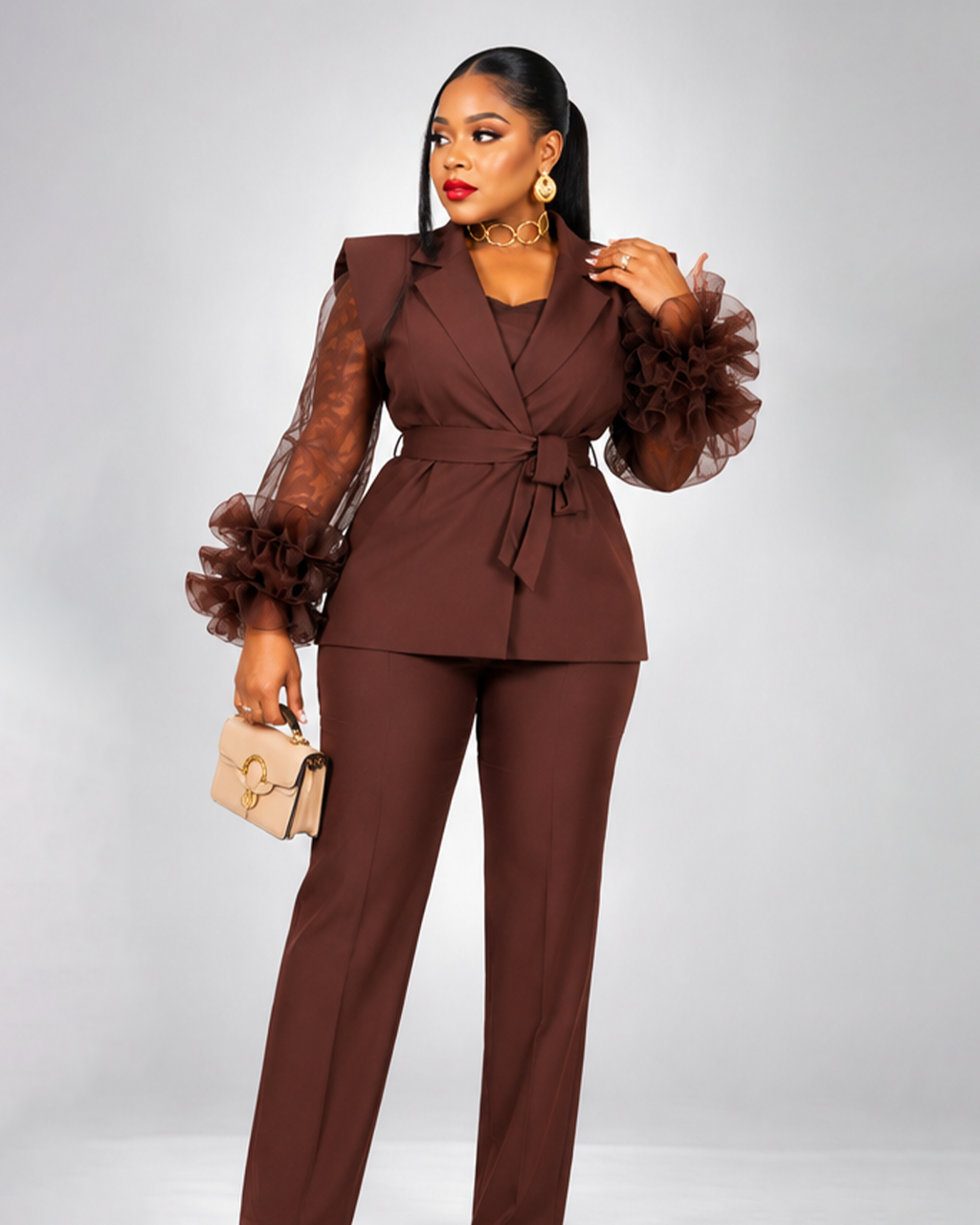 Kimono Marron Fleuri Tule Ceintré