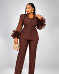 Kimono Marron Fleuri Tule Ceintré