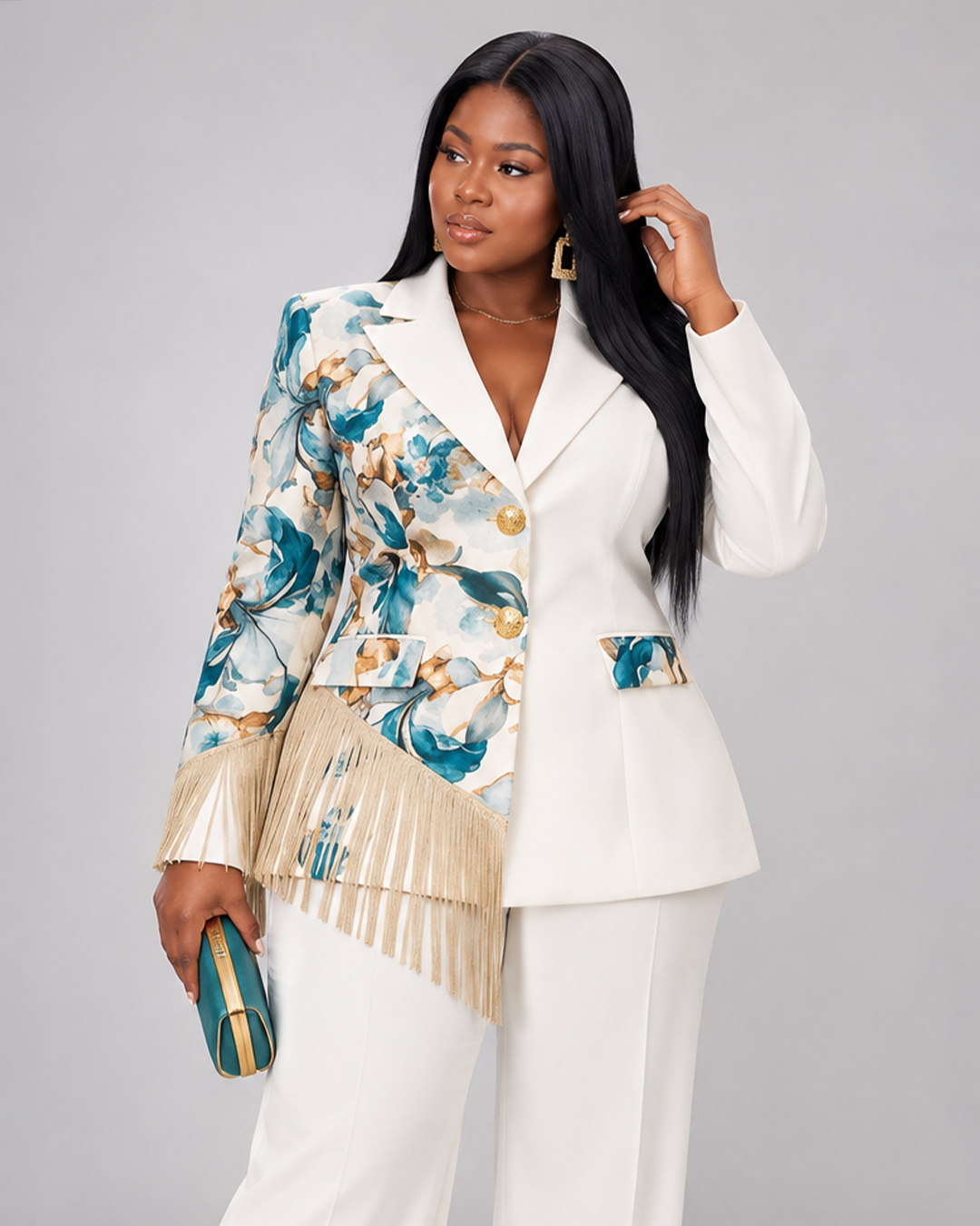 Tailleur Blanc Duo Fleuri Bleu Luxe La Grande Dame Privée