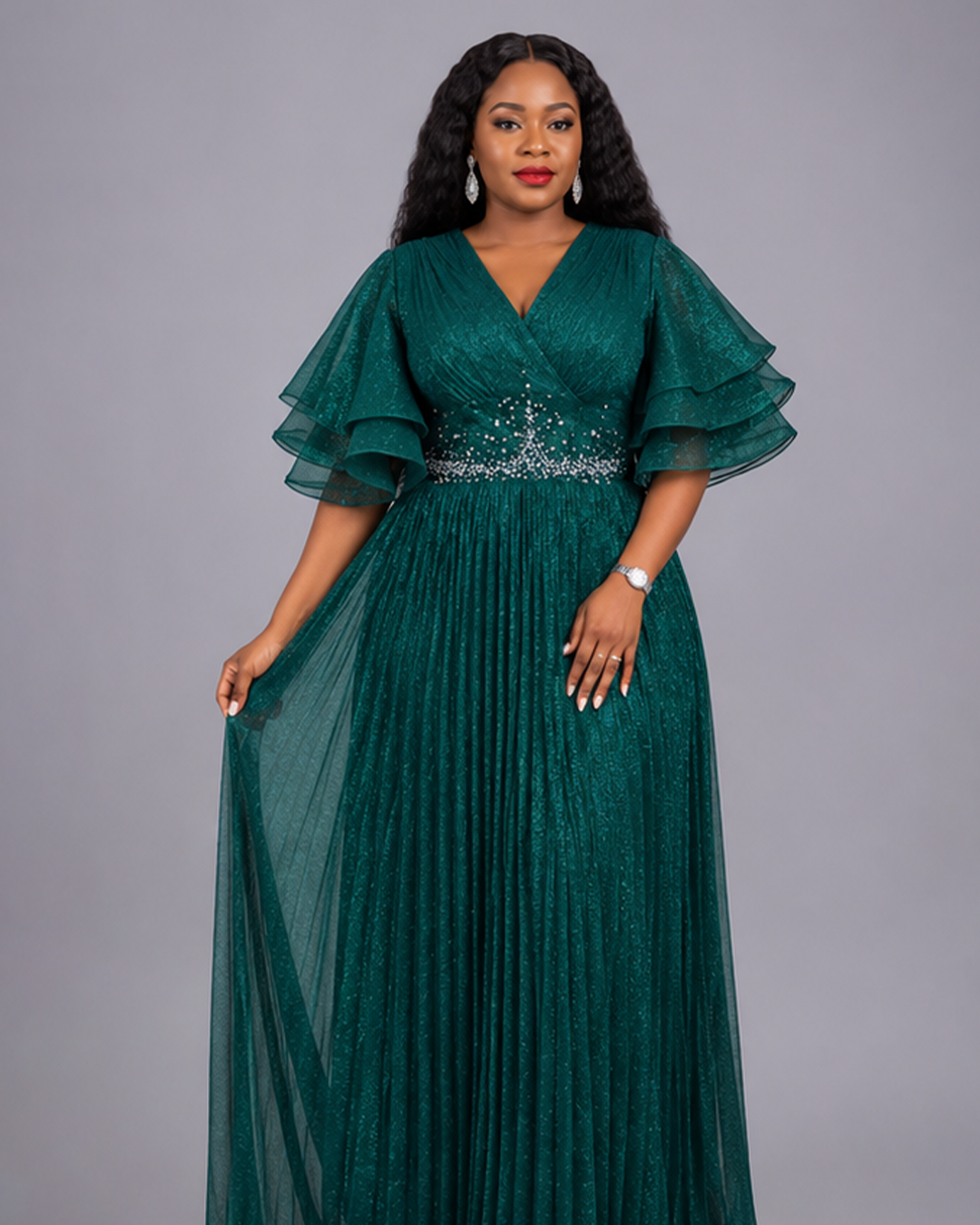 Robe Rubis Vert Foncé Perle Fleuri