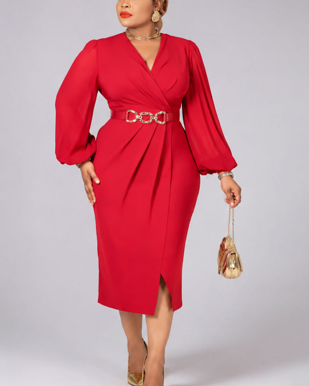 Robe Rouge Ceinture Or