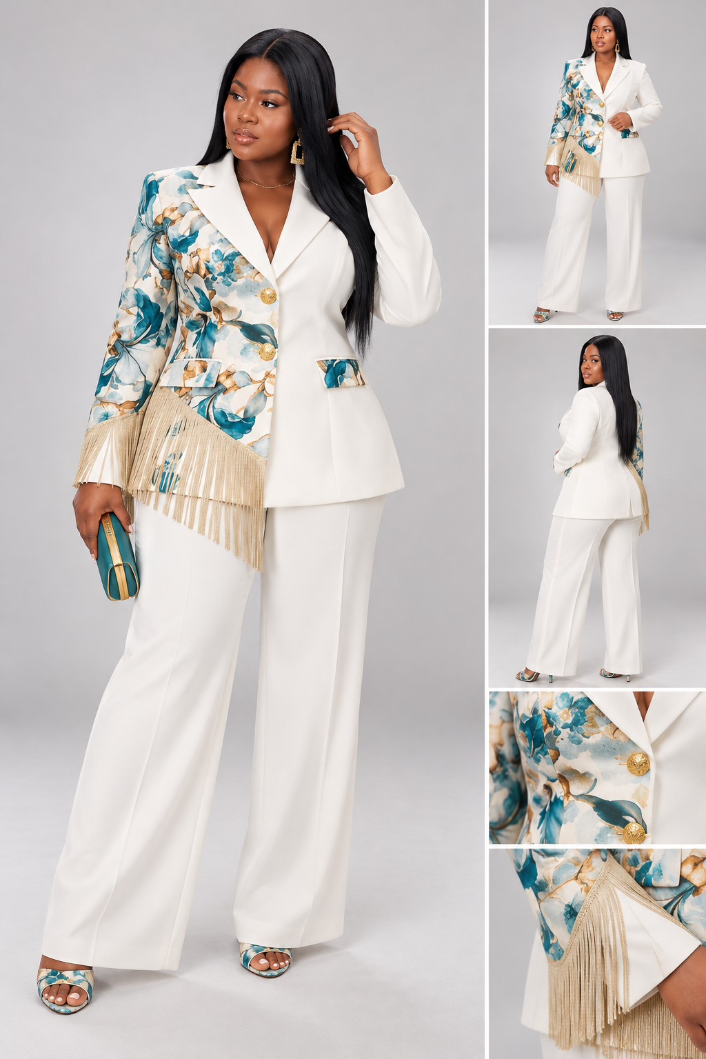 Tailleur Blanc Duo Fleuri Bleu Luxe La Grande Dame Privée