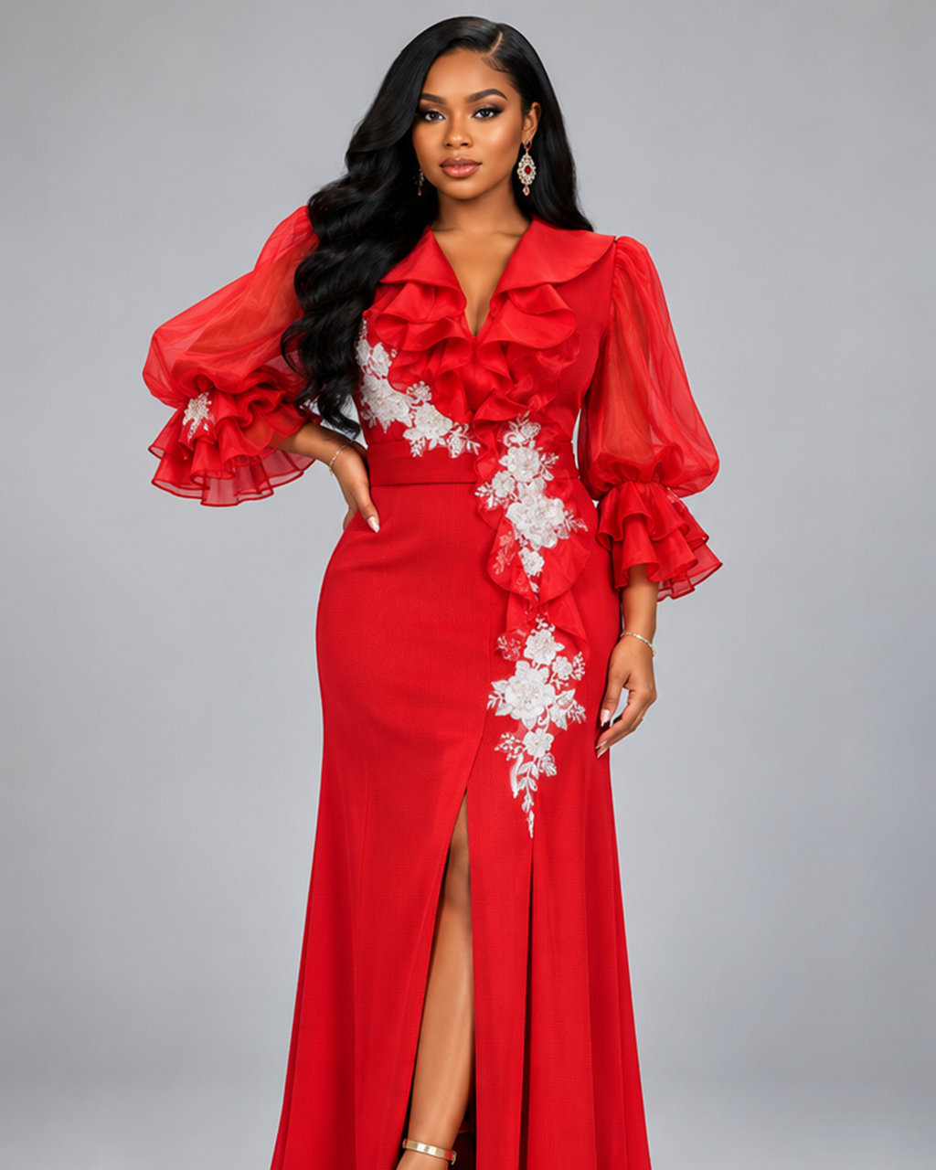 Robe Fleuri Satinée Rouge