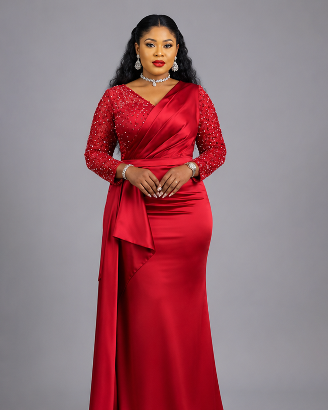 Robe Rouge Satinée Buste Fleuri