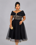 Robe Noir Beige Buste Strass Ceinture